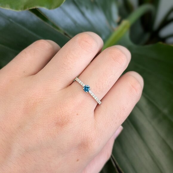 Natural Blue Diamond Ring in Solid 14K White Gold with Natural White Diamonds - Picture 3 of 10